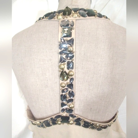 Bebe Skirt +Top Set, Jeweled, Warm Beige, Asymmetrical Hem, open back, S - Picture 6 of 13